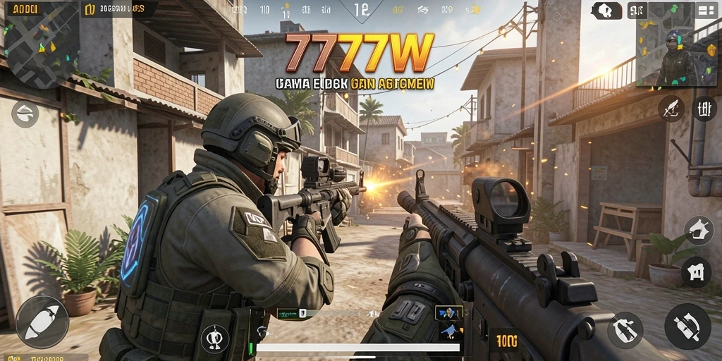 Tangkapan layar menunjukkan aksi intens dalam gameplay FPS 7777W.