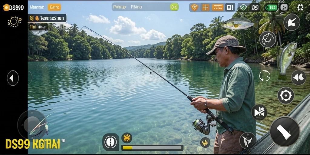 Screenshot gameplay DS99 menampilkan keseruan memancing di alam yang indah.