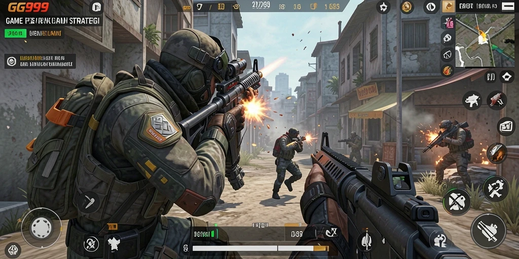Gameplay GG999 yang menampilkan aksi tembak-menembak intens.