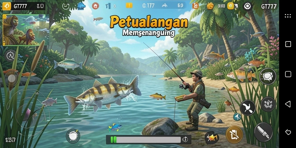 Screenshot gameplay GT777 menampilkan momen seru saat memancing.