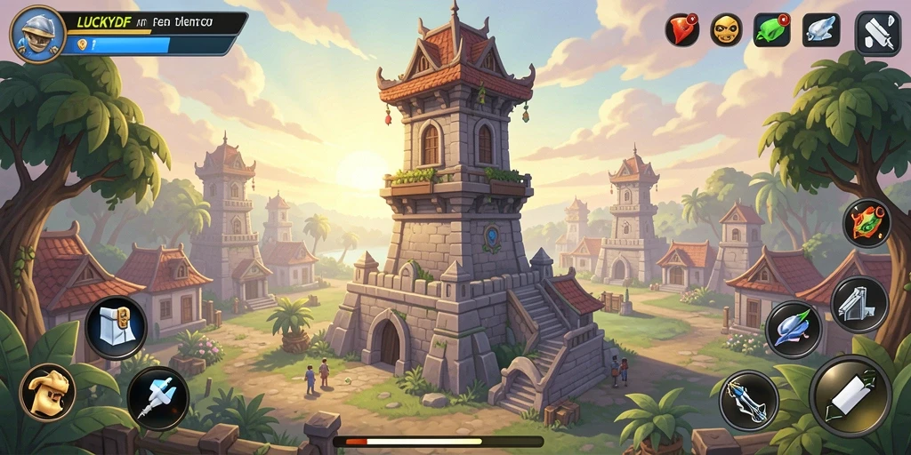 Tangkapan layar gameplay LUCKYDF yang menunjukkan strategi pertahanan menara.