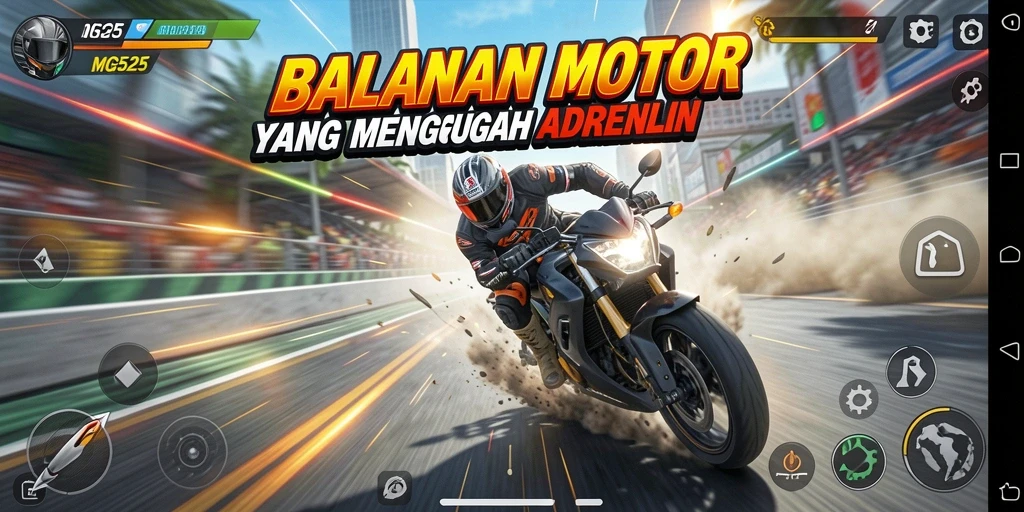 Tangkapan layar utama MG525 menampilkan aksi balap motor yang mendebarkan.