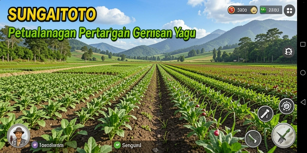 Screenshot gameplay SUNGAITOTO menampilkan ladang subur dengan tanaman yang sedang tumbuh.